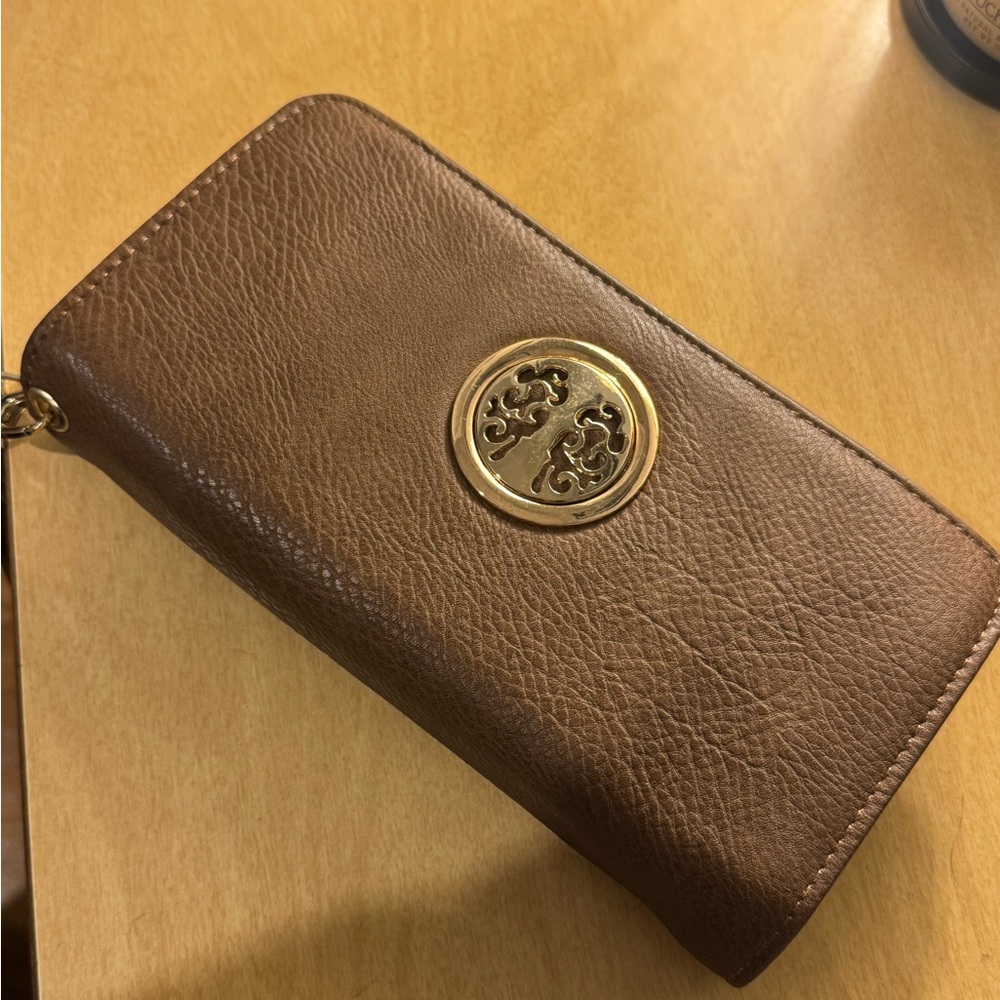 Brown Leather Wallet with Gold Emblem
